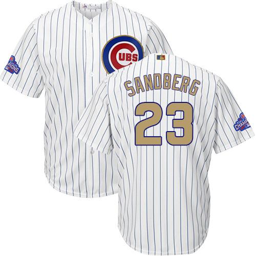 Cubs #23 Ryne Sandberg White(Blue Strip) Gold Program Cool Base Stitched MLB Jersey - Click Image to Close